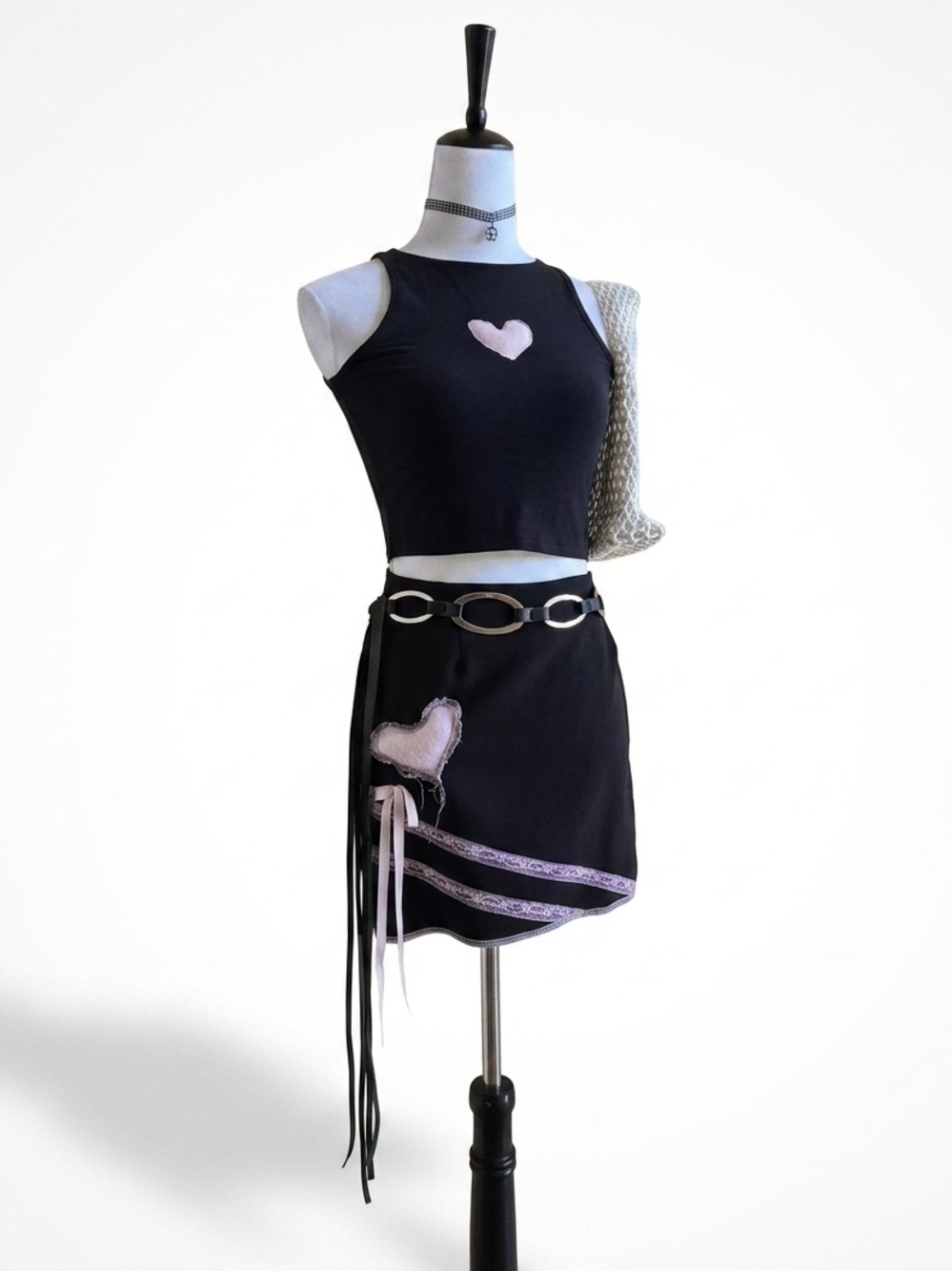 Vintage Y2K UpCycled 2PC Skirt Set Black Pink Crop Tank Mini Skirt Puff Heart XS